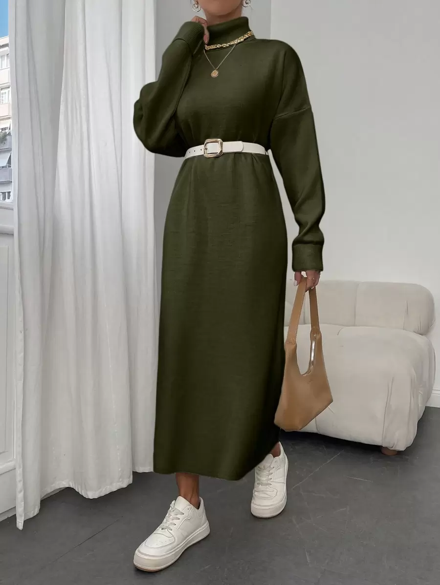 EURMUSE Women's Turtleneck Drop Shoulder Long Sleeve Sweater Dress - Khaki - View 1