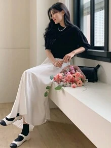 DAZY 女士松紧腰褶裥半身裙 秋季半身裙 - 白色 - 查看 3