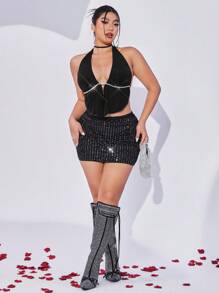 SHEIN ICON Tops De Verano Y2k Para Salir, Tamaño Grande Tops Sin Espalda Negro Creyones Con Decoración De Pedrería