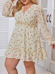 SHEIN Frenchy 女款大尺碼花卉印花荷葉袖收腰洋裝 - 杏色 - 查看 4