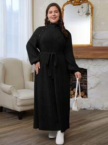 SHEIN Frenchy Plus Size Button Decorated Long Sleeve Belted Dress Elegant Style  All Black - Black - View 4