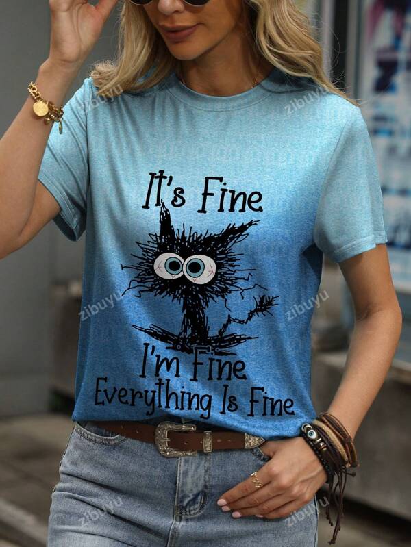 Plus Size Casual Cartoon Slogan Ombre Print T-Shirt
