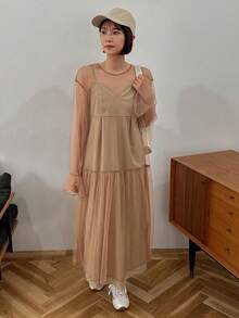 FRIFUL 女士網紗拼接連衣裙 - 卡其色 - 查看 3