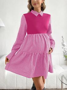 SHEIN Maternity Plaid Patchwork Dress - Pink - View 6