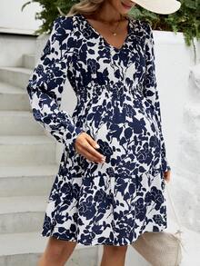 SHEIN 孕婦休閒花卉印花v領合身腰線連衣裙 - 藍白色 - 查看 6