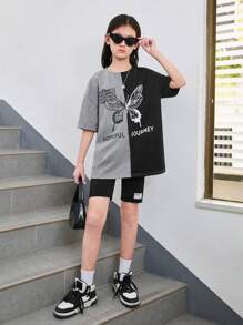 SHEIN T-shirt À Col Rond Et Manches Courtes Tricoté Avec Slogan De Style De Rue Pour Les Préadolescentes, Impression De Papillon, Patchwork, Printemps / Été - Noir - Voir 6