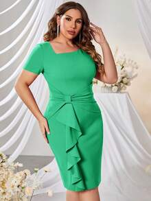 Retro Professional Style Bow Collar Ruffle Waist & Hem Cocktail Pencil Dress Elegant - Mint Green - View 6