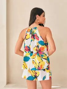 Floral Print Halter Top & Shorts - Multicolor - View 2