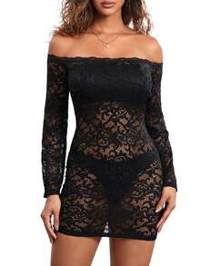 Off Shoulder Red Lace Dress, Popular Online - Black - View 1