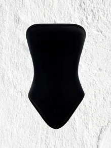 SHEIN EZwear Solid Color Bandeau Bodysuit - Black - View 1