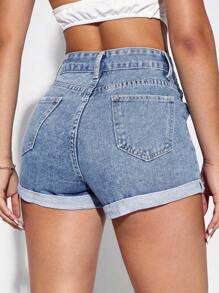 SHEIN Essnce 卷邊牛仔短褲 - 中等水洗藍 - 查看 2