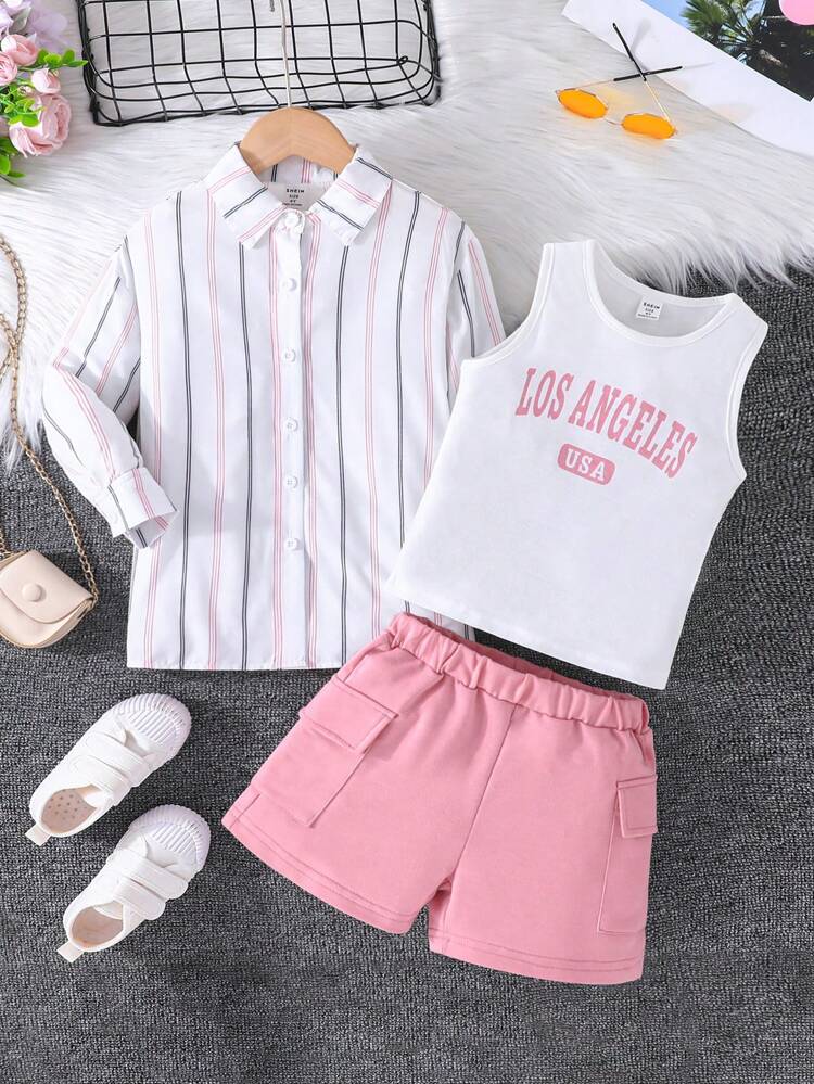 3pcs/Set Toddler Girls' Casual Vest Top With Letter Print + Striped Shirt + Shorts