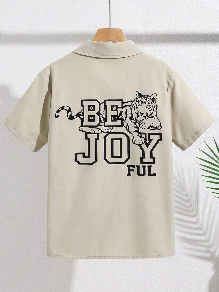 SHEIN Tween Boy Loose Casual Turn-Down Collar Tiger & Letter Print Short Sleeve Shirt