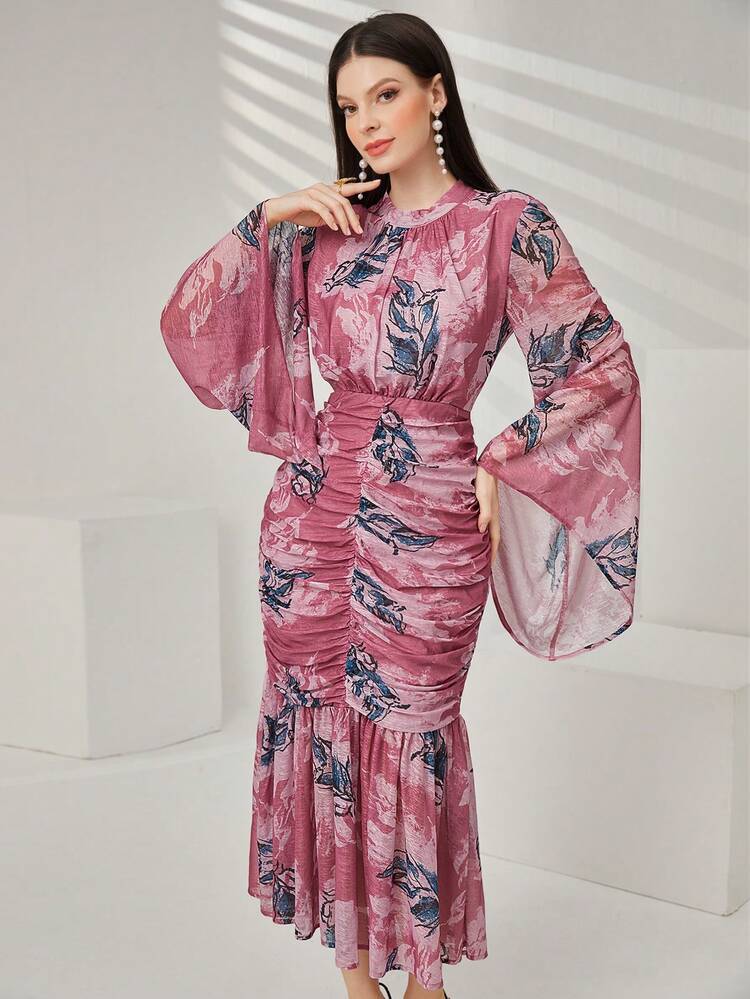 Women'S Stand Collar Flare Sleeve Dress Long Evening Dresses Fall Cloth For Women