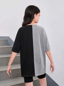 SHEIN T-shirt À Col Rond Et Manches Courtes Tricoté Avec Slogan De Style De Rue Pour Les Préadolescentes, Impression De Papillon, Patchwork, Printemps / Été - Noir - Voir 2