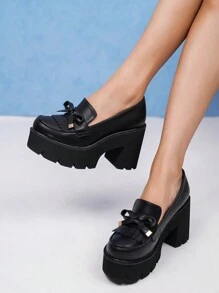 Zapatos de plataforma con tacón de cuña gruesa para mujer con lazo, impermeables, punta redonda y tacón ancho en color negro