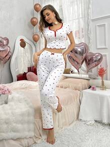 Contrast Trim Heart Print Pajama Set With Lettuce Trim White Set - White - View 5