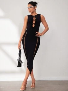 SHEIN Unity Sophisticated Sleeveless Dress With Hollow Out Details - Black - View 3