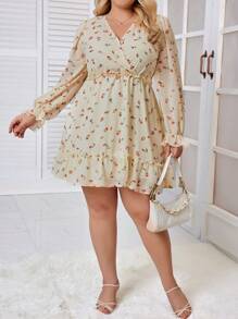 SHEIN Frenchy 女款大尺碼花卉印花荷葉袖收腰洋裝 - 杏色 - 查看 6