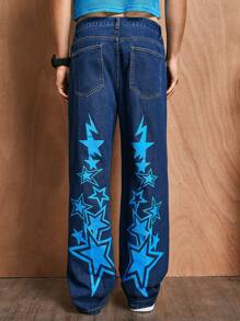 ROMWE MEN Prep Men'S Straight Leg Jeans With Star Pattern