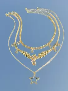 ROMWE Goth 3pcs/Set Stylish Punk Style Star Pendant Beaded Necklace Set - Gold - View 5