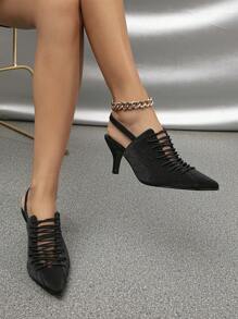 Fall/Winter Women's Pointed Toe Strap Mule High Heel Sandals, Hollow Out Strap Slip-On Stiletto Dress Shoes, Versatile High Heels, Elegant, Kitten Heels, Party - Black - View 2