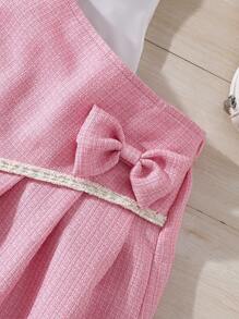 SHEIN Conjunto De Blusa De Multicapa Con Ribete De Volantes Y Falda Decorada Con Lazo Para Niñas Preadolescentes - Rosa - Ver 5
