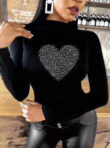 SHEIN Heart Shaped Print Stand Collar Long Sleeve T-Shirt, Graphic Women Tee Graphic Tees Women Tops For Spring Fall For Women - Black - View 1