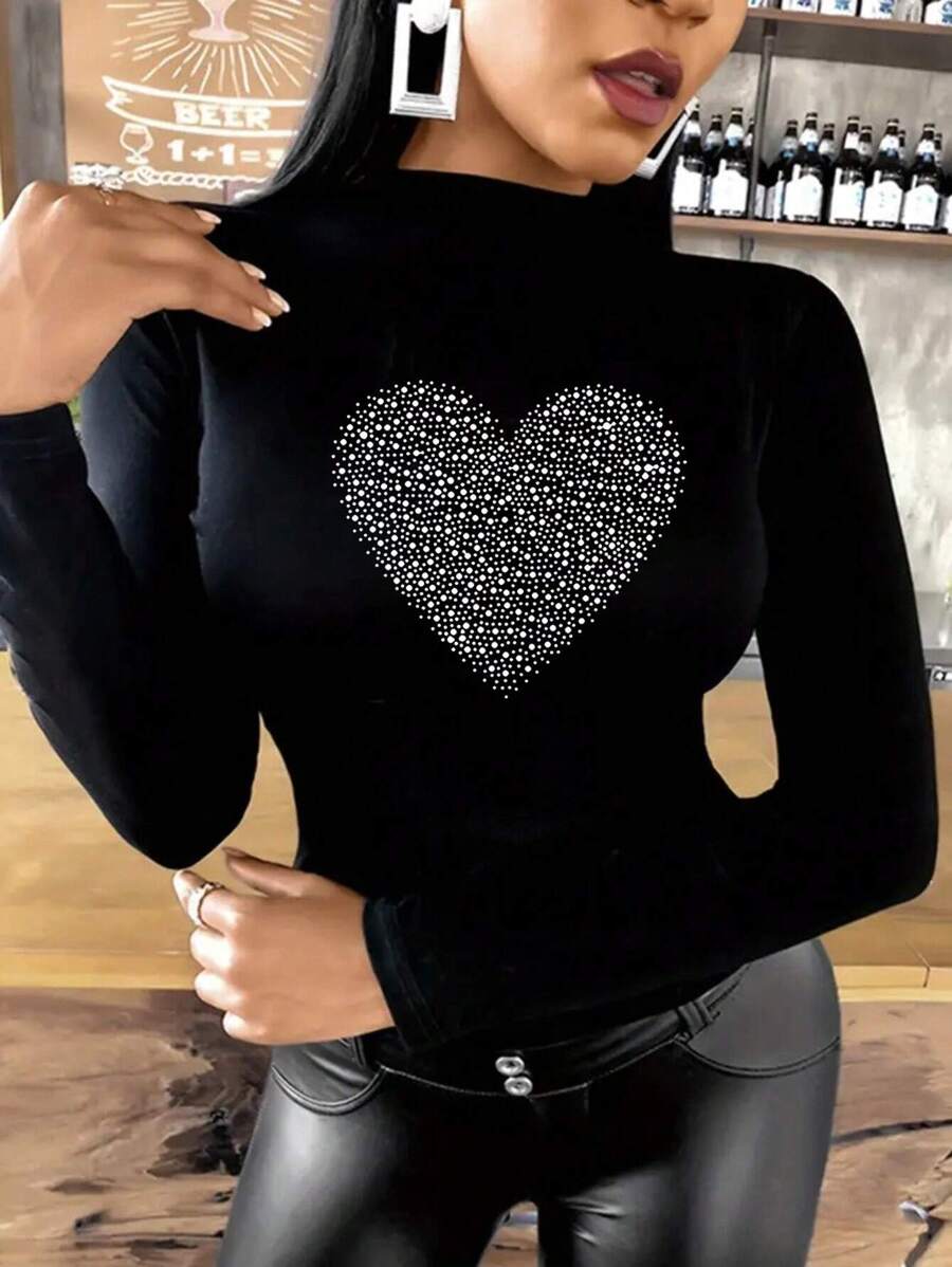 SHEIN Heart Shaped Print Stand Collar Long Sleeve T-Shirt, Graphic Women Tee Graphic Tees Women Tops For Spring Fall For Women - Black - View 1