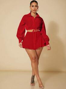 SHEIN SXY Solid Color Ruffle Hem Skort - Red - View 4