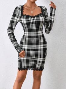 SHEIN Privé Vestido De Cuerpo Entallado De Encaje Y Cuadros Para Mujeres - Blanco y Negro - Ver 5