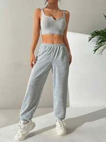 SHEIN EZwear Cropped Tank Top With Notched Neckline And Sweatpants Set - Grey - View 5