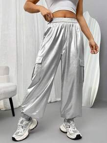 SHEIN Unity Metallic Casual Cargo Pants - Silver - View 3