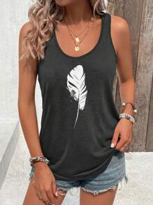 INAWLY 女士羽毛印花背心 - 深灰色 - 查看 3