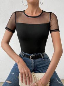 SHEIN Essnce Áo thun lưới tương phản tay ngắn cho nữ - màu đen - Xem 3