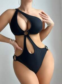 SHEIN Swim One-Shoulder Sleeveless Solid Black Hollow Out One-Piece Swimsuit Summer