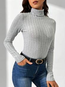 SHEIN Tall Monocolor Bodysuit De Manga Larga Con Cuello Alto Y Tejido Acanalado - Gris Oscuro - Ver 3