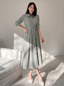 DAZY Vestido Camisa Longo com Cintura Marcada, Roupas de Outono - Verde - Visão 5