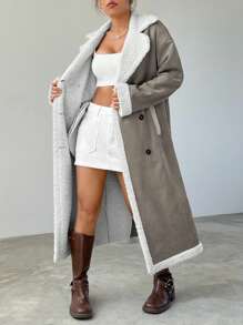 SHEIN EZwear Áo khoác dài thường ngày cổ lông xù phối màu hai hàng khuy cho nữ, mùa thu/đông - Xám - Xem 4