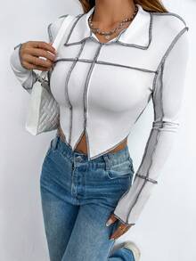 SHEIN Unity 針織t恤,外縫線和收攏條紋造型 - 白色 - 查看 3