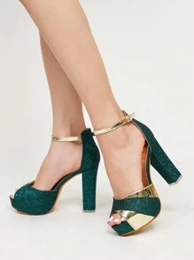 Women's Platform Chunky Heel Waterproof Dress Sandals With Metallic Decoration, Elegant