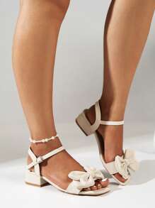 女用簡單蝴蝶結和露趾高跟涼鞋,踝帶,白色 - 米色 - 查看 1