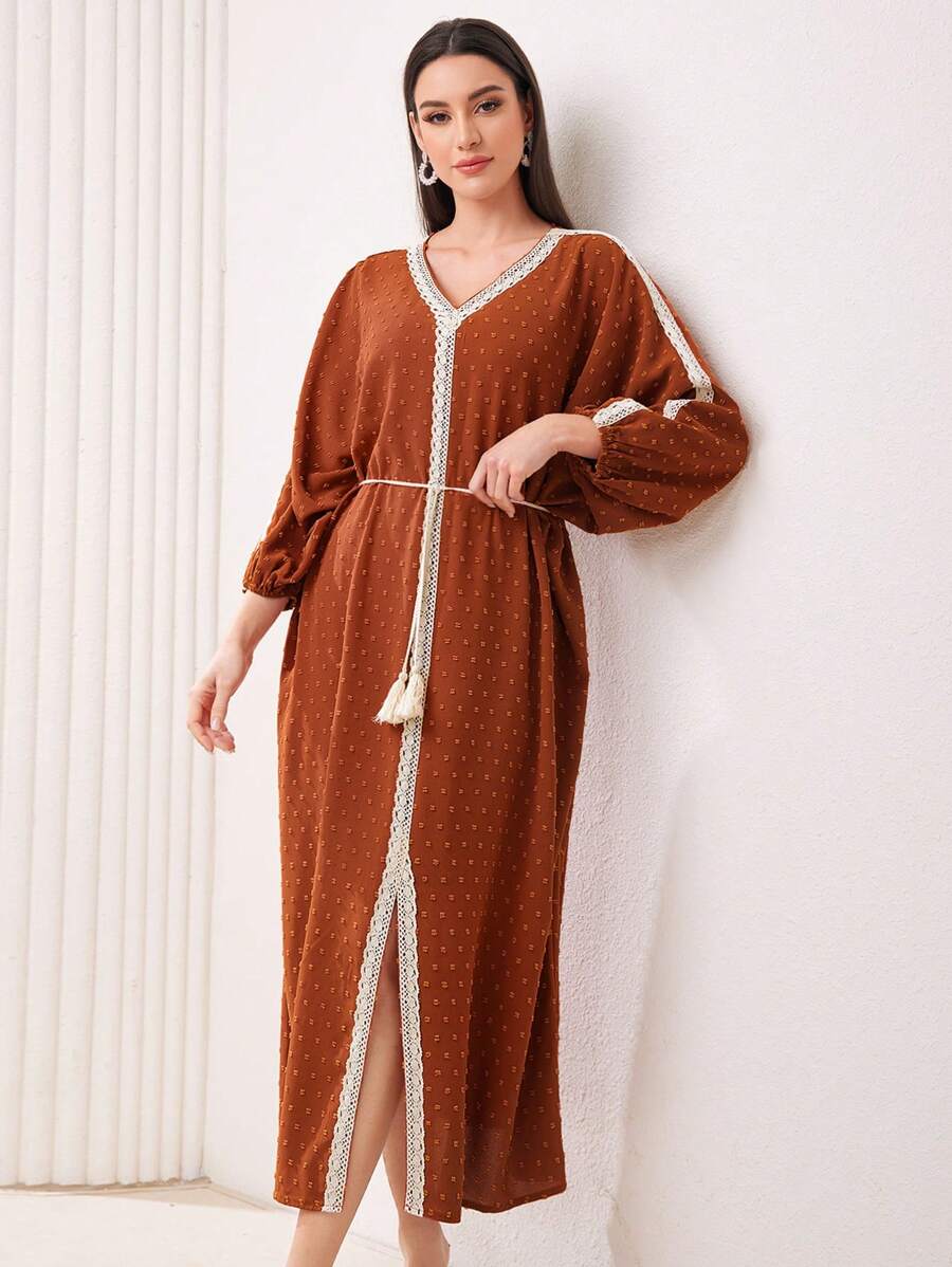 Al Najma Women's Weave Belt Splice High Slit Bodycon Dress Kaftan Jalabiya Dress - Rust Brown - View 1