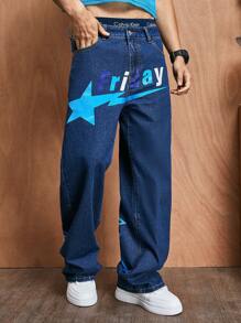 ROMWE MEN Prep Men'S Straight Leg Jeans With Star Pattern