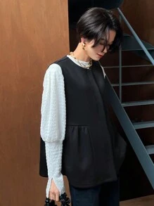 FRIFUL Veste sans manches à volants pour femmes, sans chemise - Noir - Voir 8