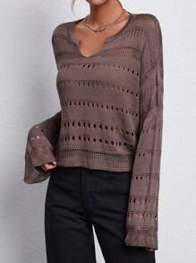 Chiquease Jersey De Punto De Color Liso Para Mujer Con Diseño Calado Y Escote Con Muescas