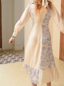 Simple Retro Polyester Printed Puff Sleeve Square Sleeve Long Dress - Blue - View 2