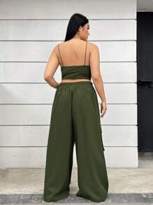SHEIN EZwear 女性加大碼綠色針織背心和公用廣腿褲二件套裝 - 軍綠色 - 查看 2