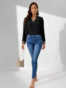 SHEIN Tall Blouse À Col Cranté Imprimé Léopard Pour Femme - Noir - Voir 5