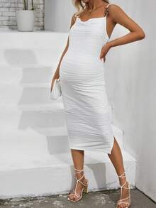 SHEIN Maternity Dresses Backless Ruched Split Plain Casual - Putih - View 4